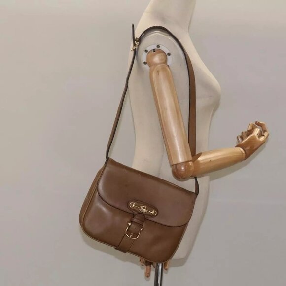 CELINE Shoulder Bag Leather Brown Gold Auth - Picture 1 of 15